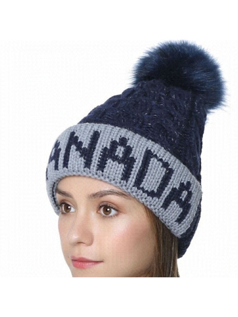 TRÏBE Blue Canadian winter knit hat Toque With Faux fur Pompom NWT